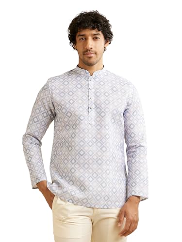 Manyavar Men's Cotton Blend Grid Patterned Short Kurta (Light Grey,XL)