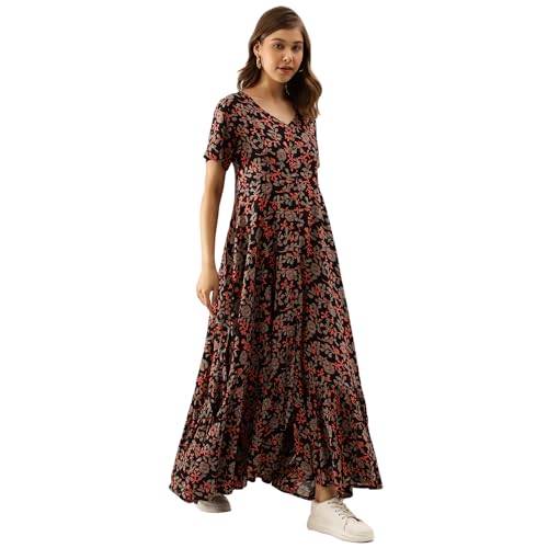 Divena Black Multi Floral Printed Rayon Ethnic Dress for Women