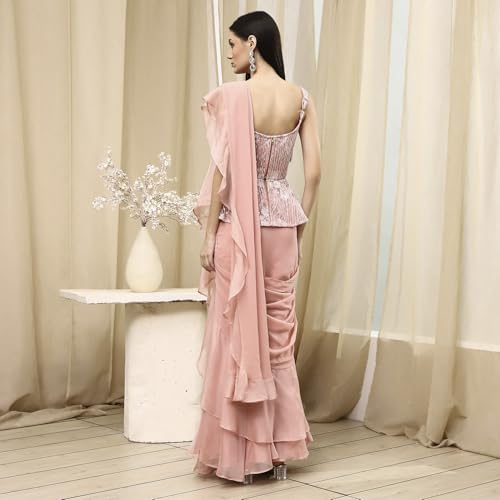 BIBA Women Nude-Colored Peplum Pre-Draped Saree_34