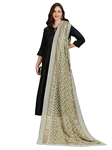 DUPATTA BAZAAR Women's Olive Green Georgette Lucknowi Work dupatta with Gotta Patti Work