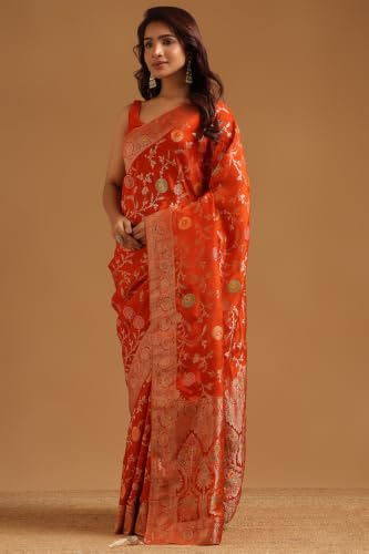 Soch Womens Orange Crepe Botanical Zari Woven Saree