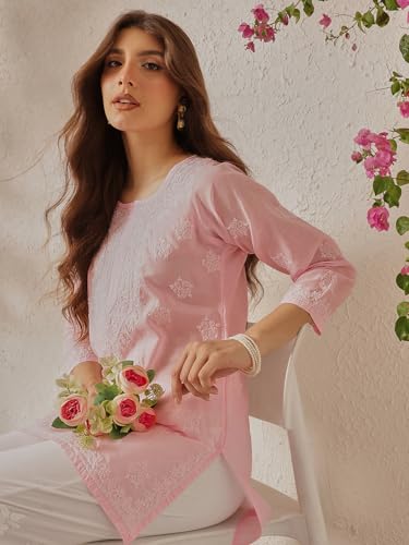 Ada Hand Embroidered Lucknow Chikankari Straight Round Neck Cotton Short Kurti Top for Women A911323 (6XL, Pink)
