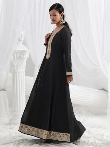 Libas Embroidered Silk Blend A-Line Ethnic Dress with Dupatta-93610L Black