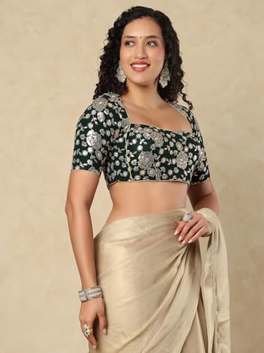 SALWAR STUDIO Bottle Green Georgette Sweetheart Neck Readymade Blouse with Embellishment
