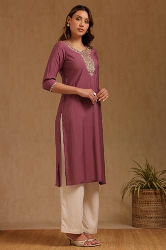 Soch Women's Roman Silk Embroidered Regular Kurta (CWA5KU61488_Mauve_M)