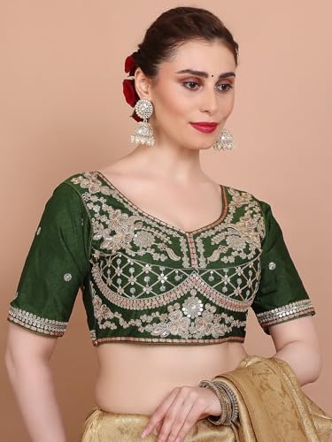 S SALWAR STUDIO Mehendi Green Silk Embroidered Readymade Alterable Saree Blouse