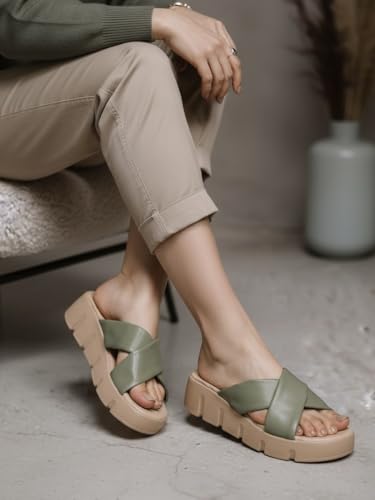 Indifeet Chunky Platform Heels for Women, Olive Green, UK 5
