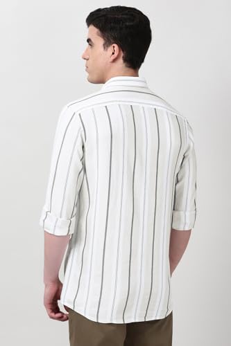 Peter England Cotton Linen Blend Shirt for Men – Full Sleeves, Subtle Stripes Beige