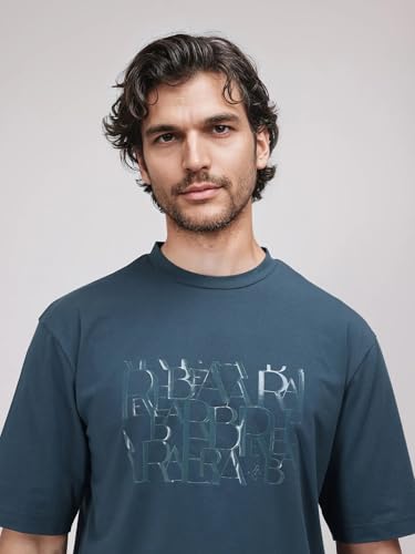 RARE RABBIT Men's Ovem Dusky Teal Cotton Blend Graphic Print Qlo Fit Half Sleeve Crew Neck T-Shirt