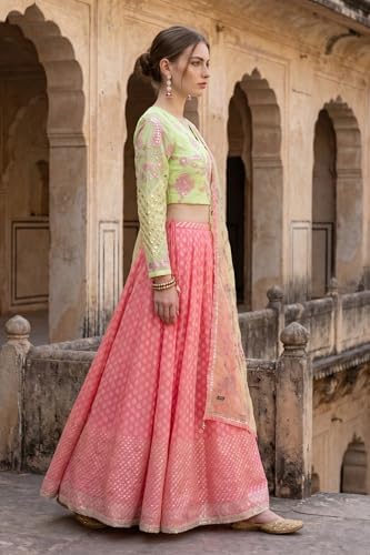 Wishful Women's Pink Mirror Work Embroidered Blouse with Skirt and Dupatta Set - (SP13598-225017-XL)
