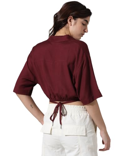 ONLY Women Solid Linen Crop Length Maroon Shirt