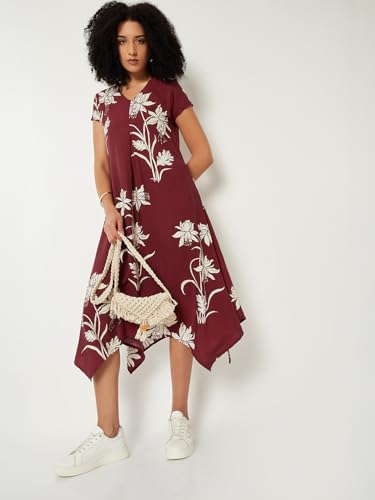 Max Women Printed A-line Midi Dress (Red_S)