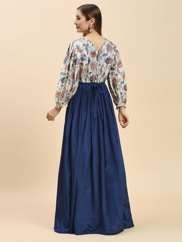 madhuram textiles Women's Chinon Gown For Women Ethnic With Digital Print And Embroidery Work Long Gown(M-2453 Mor Pichch_Small) Blue