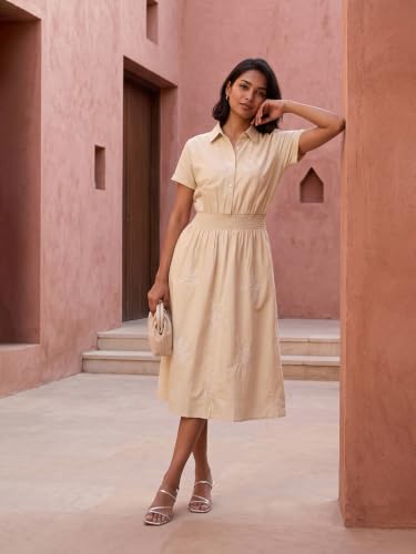 Max Women Embroidered Midi Dress (Beige_L)