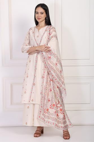 W for Woman Off-White Floral Print Lace Straight Kurta with Inner Flared Pant and Dupatta Set (WS13083-126482-L)