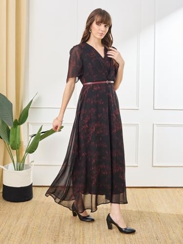 Latin Quarters Women's Black Half Sleeves V-Neck Casual Printed Dress_M