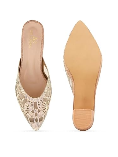 XE Looks Women's Gold Embellished Mesh Mules | Pointed Toe Block Heels with Rhinestone Detailing | Embellishments with Transparent Heel For Girls & Women