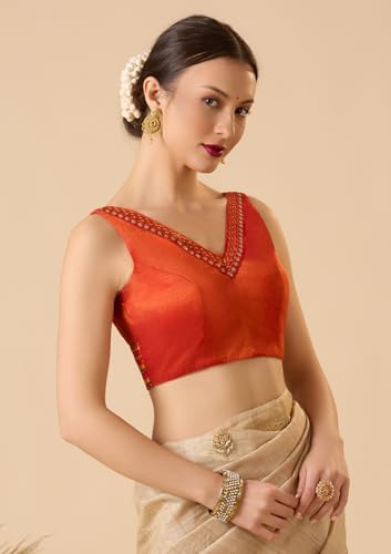 S SALWAR STUDIO Rust Cotton Tissue V-Neck Sleeveless Readymade Blouse