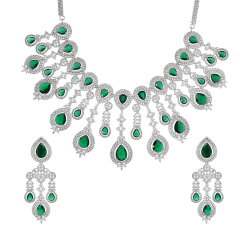 VOYLLA Sparkling Elegance Emerald Green Statement American Diamond Necklace Set|Collar Necklace Set For Women|American Diamond Necklace Set For Women|Gift For Her|Rakhi Gift For Sister|