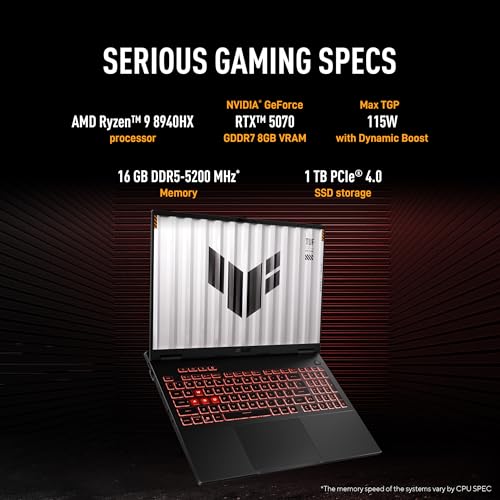 ASUS TUF A16,AMD Ryzen 9 8940HX, Gaming Laptop(RTX 5070-8GB/115W TGP/16GB/1TB /2.5K QHD+/16"/165Hz/90WHrs/Windows 11/M365 Basic (1Year)*/Office Home 2024/Jaeger 1 Year Brand Warranty
