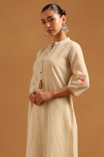 Soch Womens Mustard Linen Printed Stripes Hand Embroidery Salwar Suit