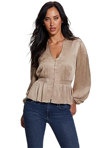 GUESS Women Beige Embroidered V-Neck Full Sleeves Joie Satin Top