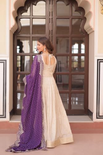 Forteo Fashion Women Cosmos Weaving Jequard with Pearl Beads Embroidered Work Gown with Duppata Set Gown | Festival Wear (in, Alpha, 2XL, Regular, Purple)