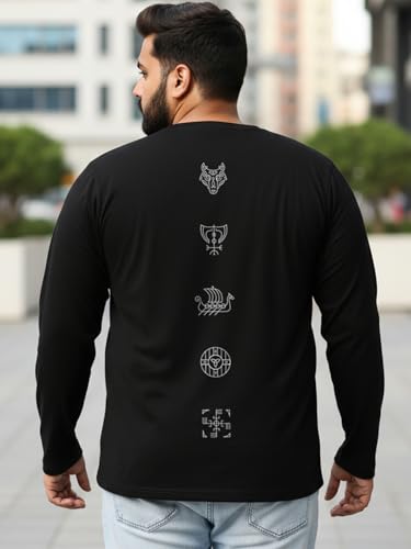 Bewakoof Men's Graphic Print Regular Fit Full Sleeve Round Neck Cotton Plus Size T-Shirt_694251_Black_3XL