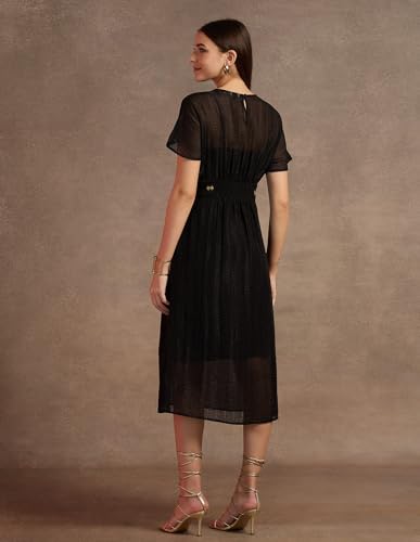 U.S. POLO ASSN. Women's Polyester Fit and Flare Midi Casual Dress (UWAW24DRS146_Black