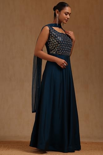 Soch Womens Teal Blue Silk Embroidered Gown with Mirror and Stone