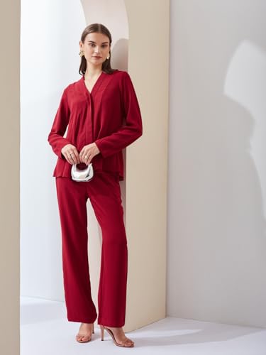 Latin Quarters Women Solid Red Full Sleeves V-Neck High Rise Casual Co-ord Set (in, Alpha, M, Regular)