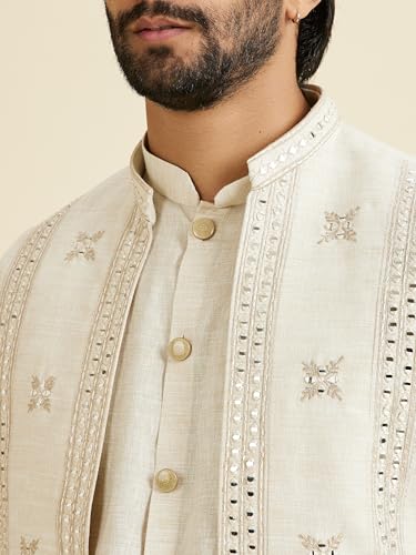 Manyavar Men's Linen Blend Mirror Work Kurta Jacket Churidar Set(Natural,M)