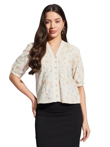 Latin Quarters Women Beige V-Neck Half Sleeves Printed Shirt Blouse for Casual Wear_M