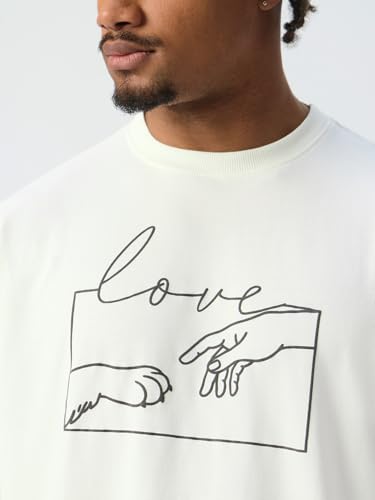 The Souled Store The Happy Pawdcast: Love Men and Boys Short Sleeves Round Neck Off White Graphic Printed Casual Lightweight Drop Shoulder Streetwear Trendy Oversized T-Shirts