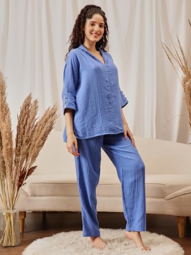 Clovia Solid V-Neck Long Top & Pyjama Set in Navy Colour (LS0772P08_Navy Blue_L)