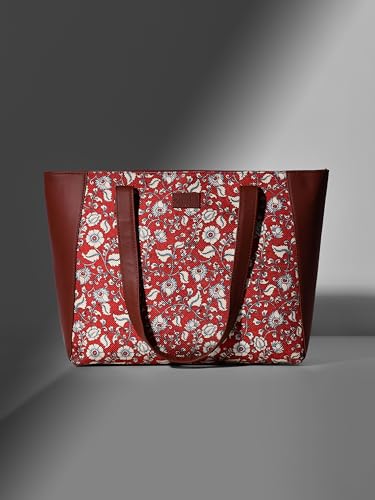 ZOUK Chittoor Red Kalamkari Floral Printed Women Jute Vegan Leather Red Side Tote Bag For Ladies With Double Handle