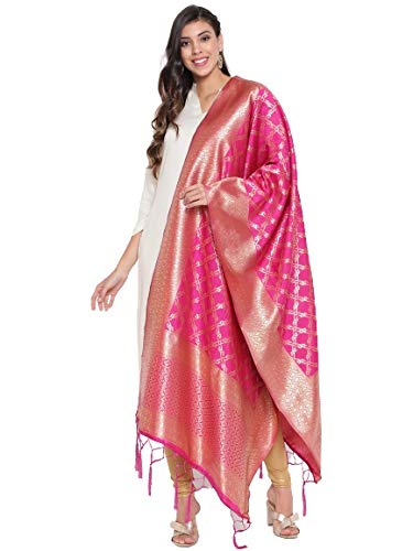 Lilots Women's Banarasi Silk Jacquard Woven Dupatta Gorgeous Printed Chunni (Rani Pink), Free Size