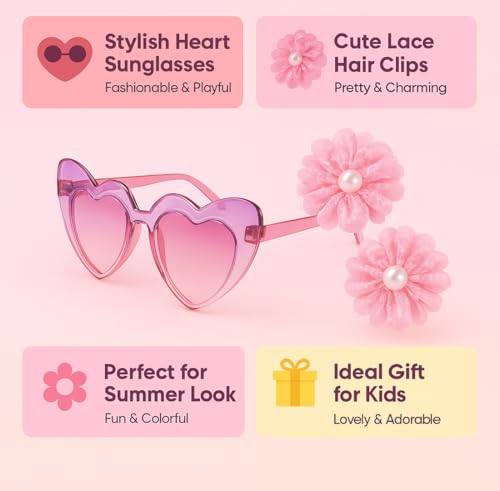 Tresneria Kids Sunglasses and Hair Accessory Combo set of 2 – Heart Design Pink Gradient Glasses with Matching Flower Clips