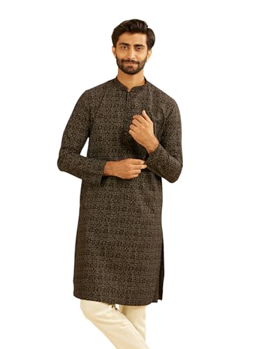 Manyavar Men's Cotton Blend Tribal Prints Kurta (Black,XXL)