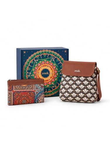 ZOUK Bidri Sling Bag & Utility Pouch Gift Set | Rakhi Gift for Sister | Vegan Leather Crossbody Sling with Travel Organiser Pouch | Handcrafted in India