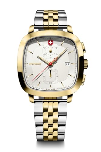 WENGER Vintage Classic Chrono | Swiss-Made Men's Chronograph Wrist Watch | Squircle Case, Quartz, White Dial, 40mm, 50M Water Resistant | Multi-Colour Strap | 01.1933.107