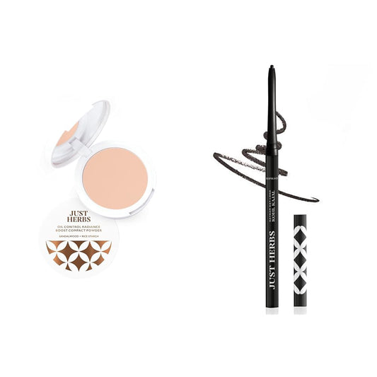 Just Herbs Oil Control Radiance Booster Age Defying Matte Compact Powder For All Skin Types For Face Makeup 9G(Porcelain)Retractable 2 In 1 Herbal Eyeliner+Kajal With Almond Oil&Vitamin E Combo,Cream