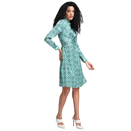 Kazo Geometric Polyester Blend Collar Neck Women's Midi Dress (Green,Small)