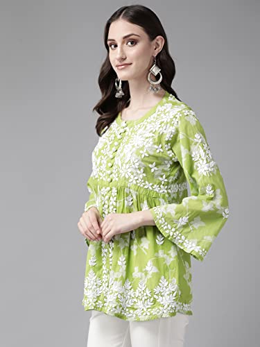 Ada Lucknow Chikankari Hand Embroidered Cotton Blend Green Short Kurti Top Tunic for Women A911269 (3XL)