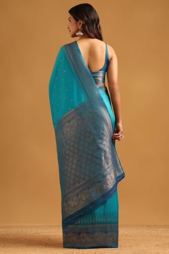 Soch Womens Turquoise Blue Silk Blend Ethnic Motifs Zari Woven Saree