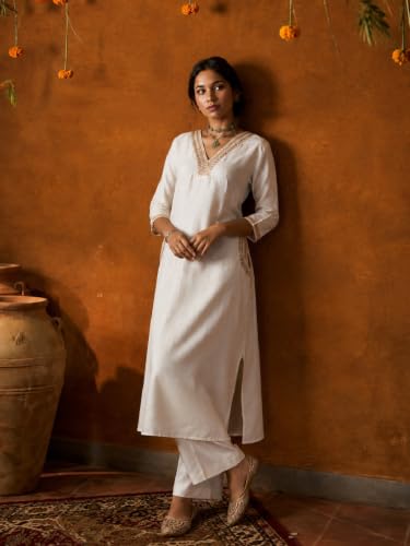 Varanga Women Champagne Beige A Line Kurta Trousers Set V Neck