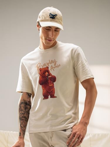 THE BEAR HOUSE Men Cotton Graphic Printed Tshirt Beige
