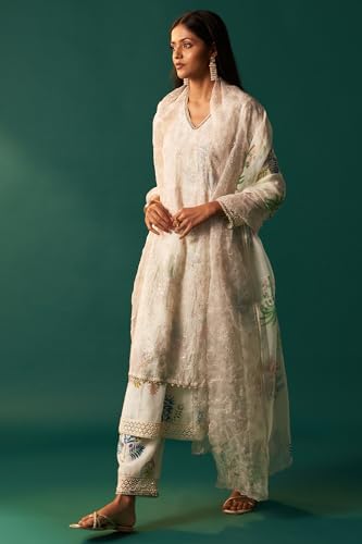 Wishful Women's White Floral Printed and Embroidered Layered Cotton Blend Kurta with Pant and Dupatta Set (SP12869-401079-2XL)