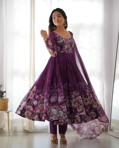 Leeli Peeri Designer Women's Organza Silk Floral Print Anarkali Kurta Set With Dupatta