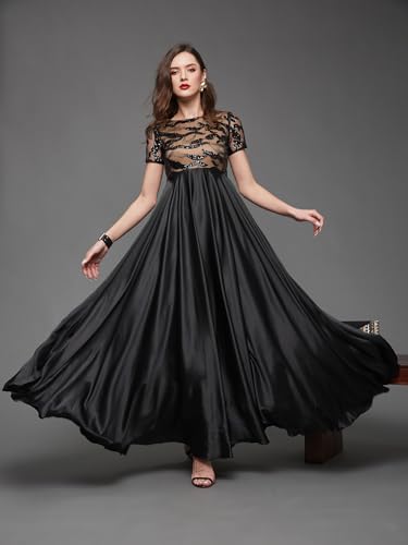 Miss Chase Women's Boat-Neck Short-Sleeve Abstract FitFlare Satin Maxi Dress (MCAW25D88-99-984-04, Elderberry Black, M)